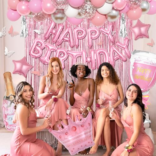 Amandir Pink Birthday Decorations for Women Girls, Silver Pink Confetti Foil Balloons Happy Birthday Banner Butterfly Frin...