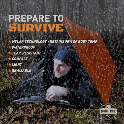 Monterra Emergency Tent, 2 Person Survival Shelter, Thermal Mylar, Waterproof, Outdoor Camping Gear and Equipment, Surviva...
