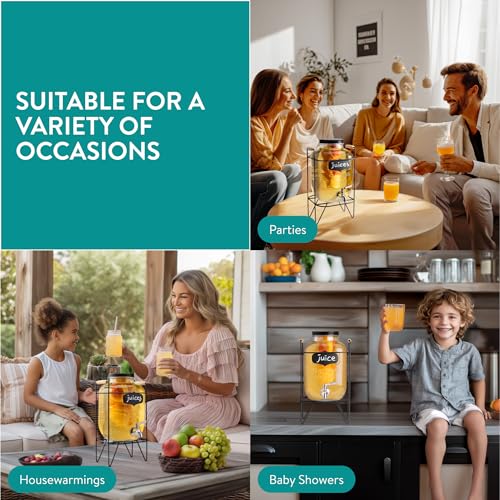 Navaris Glass Jar Drink Dispenser with Tap - Includes Metal Stand, Ice Tube, and Fruit Infuser - For Cocktail, Lemonade, W...