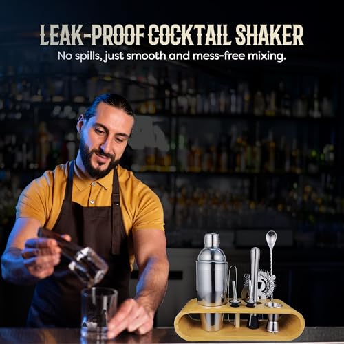 AMERICANISTA Cocktail Shaker Set Bartender Kit with 10 Bar Tools & Bamboo Stand – Martini Shaker, Jigger, Strainer, Muddle...