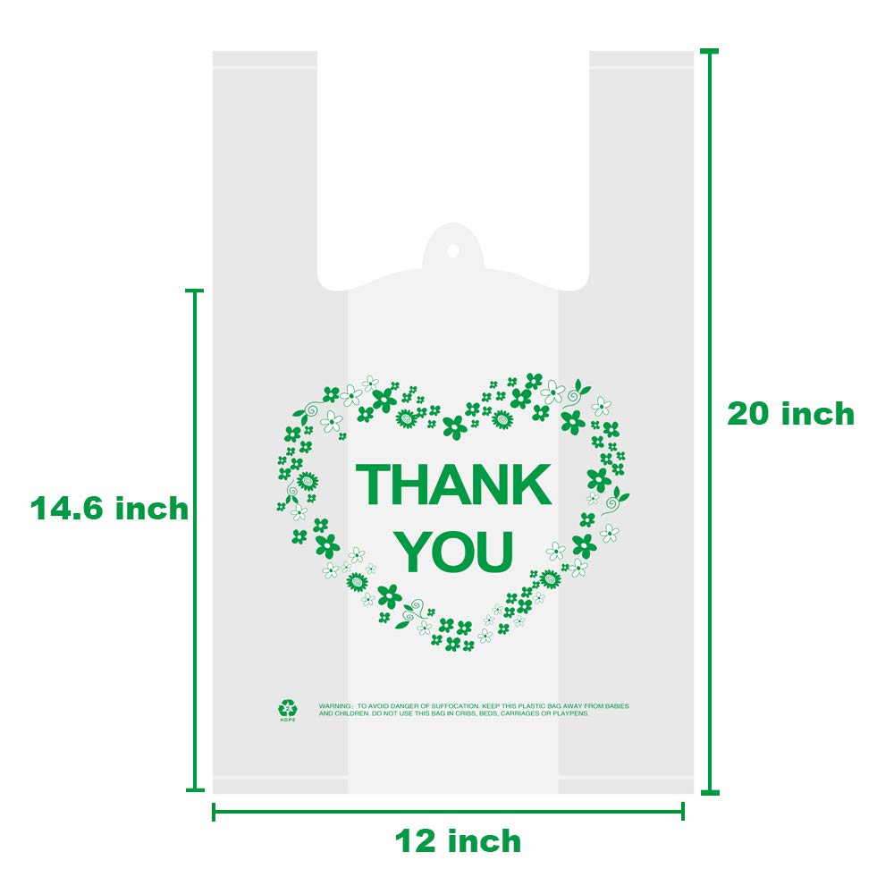 LazyMe Thank You T Shirt Bags White Plastic Grocery Bags with Handles, Standard Supermarket Size, 12 x 20 inch (100 pcs)