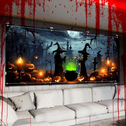 Lighted Witch Halloween Garage Door Decorations Banner - 7 x 16 ft Halloween Garage Door Cover with LED Light Strap, Large...