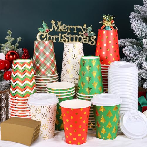 300 Pcs/100 Sets Christmas Coffee Cups with Lids and Sleeves 12 oz Disposable Christmas Paper Cups Party Drinking Cups for...