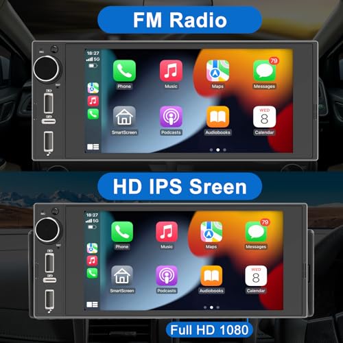 Single Din Touchscreen Radio Wireless Apple Car Play Wireless Android Auto, 6In Single Din Car Stereo with Mirror Link Blu...