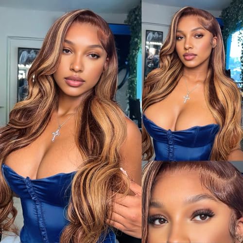 13x6 Honey Blonde Body Wave Lace Front Wigs Human Hair Pre Plucked 200% Density 4/27 Ombre Frontal Wigs HD Lace Front Wig Glueless Highlight Wigs for Black Women Human Hair Bleached Knots 20 inch
