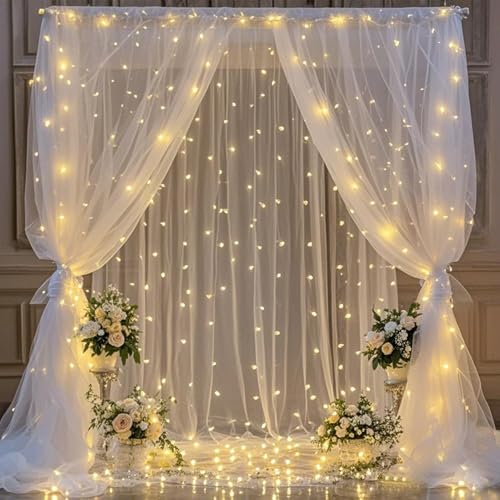 Realparkly White Tulle Backdrop Curtain with Lights, Elegant Sheer Photo Backdrop Drapes, Soft Fabric & LED Curtain for We...