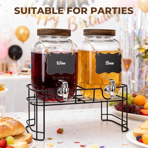 1 Gallon Drink Dispenser with Stand,2 Pcs Clear Glass Beverage Dispenser with Spigot, 2 pcs Wood Lid and Wooden Hangtags f...
