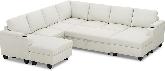 Belffin Modular Sectional Sofa with Pull Out Couch Bed Sectional Couch Convertible Sleeper Sofa with Cup Holder. White