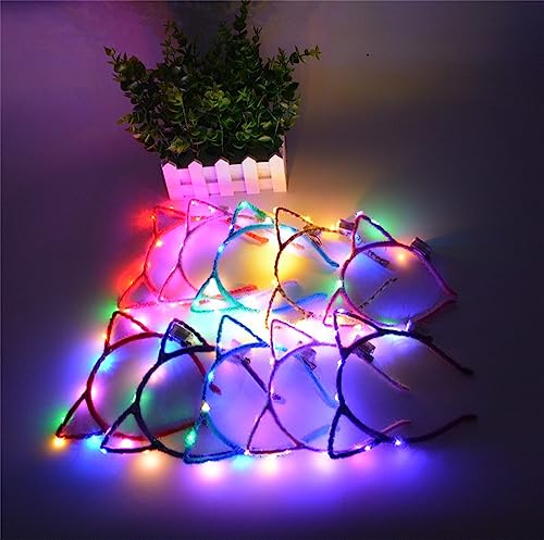 REQO 10 Pieces Cat Ears Headbands Set,LED Cute Cat Light Up Head Accessories,Glowing Girls Headdress Party Supplies For Ni...
