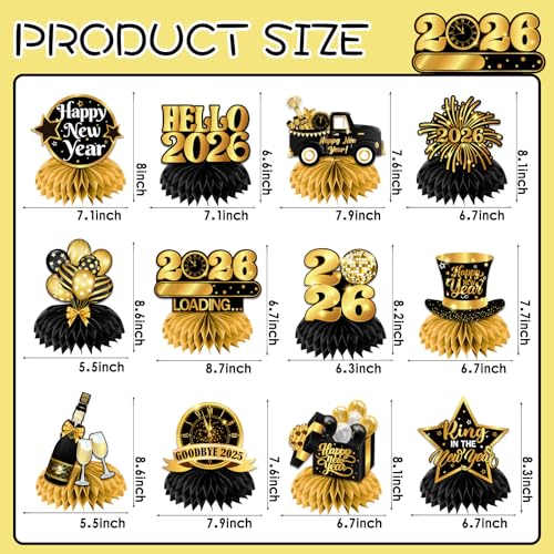 New Year Table Decorations 2026,12pcs Happy New Year Honeycomb Centerpiece Black and Gold New Years Eve Table Centerpiece,...