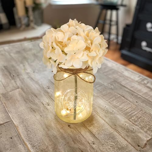 Mason Jar Lights Centerpiece Set of 3 Farmhouse Jars Vase with Champagne Hydrangea Table Decorations for Living Dining Roo...