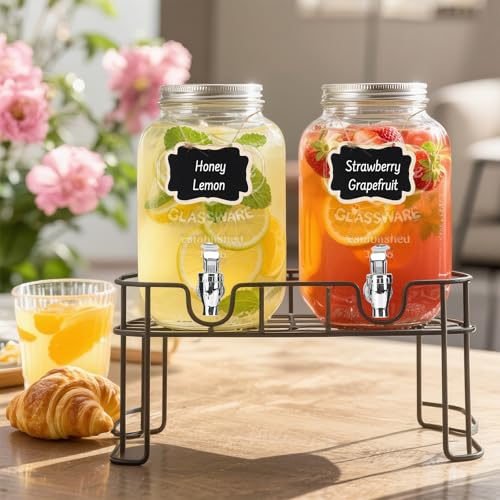DHSBTLS 1 Gallon Glass Drink Dispensers, 2 Pack Clear Beverage Dispenser for Party, BBQ and Picnic, Juice Dispenser with I...