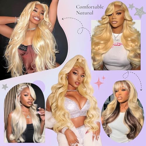 613 13x6 Lace Front Wig Human Hair 200 Density HD Body Wave Blonde Lace Front Pre Plucked Lace Frontal Wig, 24-Inch