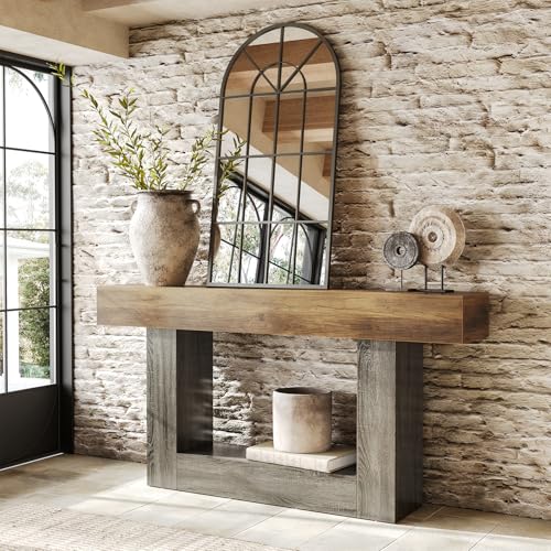 LITTLE TREE 63 Inches Long Console Table, 2-Tier Farmhouse Sofa Table Behind Couch, Large Narrow Entryway Table for Living Room, Wooden Hallway Foyer Table with Heavy Duty Base, Rustic Brown and Grey