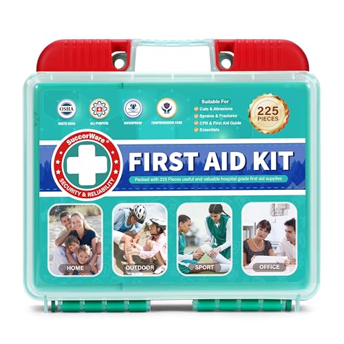SuccorWare 225 Pieces First Aid Kit, Includes Ice Pack, Adhesive Bandages, Wound Gauze Pads, Portable First Aid Bag for Ho...