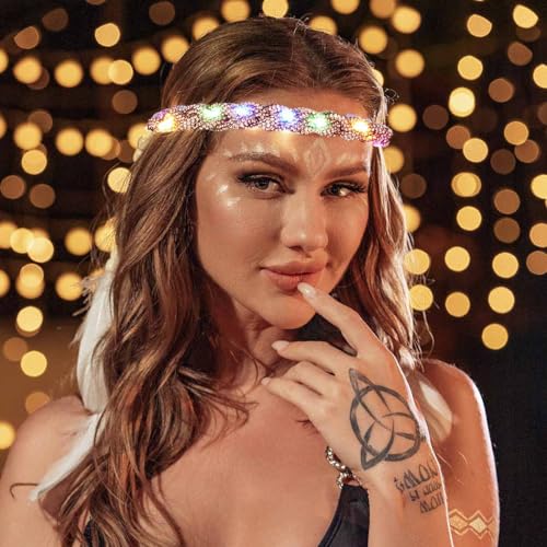 EARENT Light Up Rave Headband Gold Glow Rhinestone Hair Accessories for Women