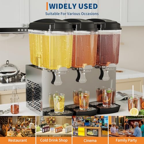 Commercial Beverage Dispenser, 3 Tanks 18L Each with Compressor Cooling (45-54°F), Large Capacity Cold Drink Dispenser, St...