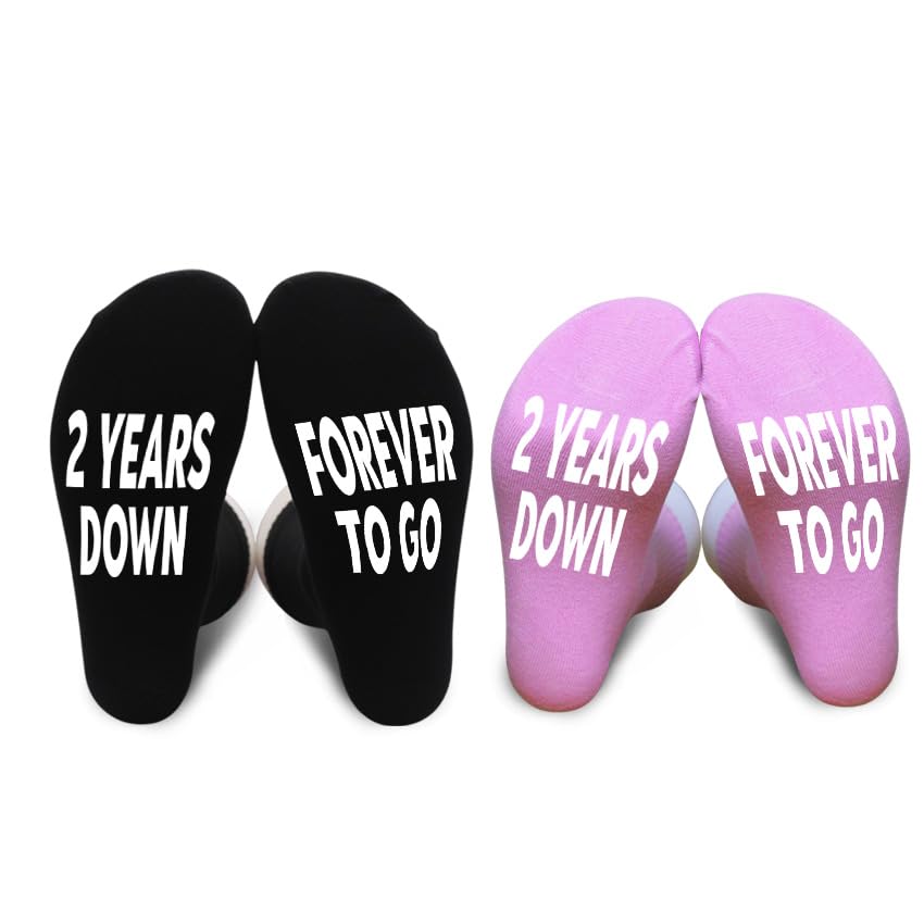 2 Years Anniversary, 2 Years Down Forever To Go Socks, Happy Anniversary, 2nd Anniversary, Valentine’s Day, Congratulation Gifts For Couple, Wife And Husband, His And Hers Gifts, Two Pairs.(007)