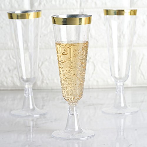 24 pcs 5 oz Clear with Gold Rim Plastic Champagne Flutes Glasses - Clear Drinkware, Plastic Wine Glasses for Weddings Part...
