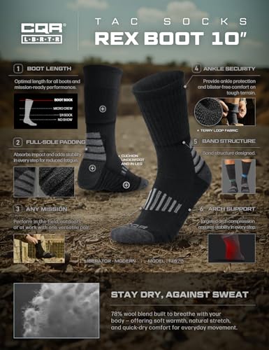 CQR 3 Pack Men and Women Wool Hiking Mid Calf Crew Socks, Moisture Wicking Breathable Outdoor Tactical Cushion boot Socks