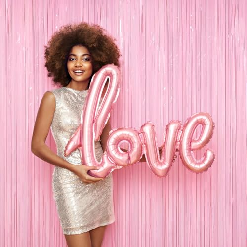 4 Packs Pastel Pink Foil Fringe Curtain, Baby Pink Metallic Tinsel Backdrop for Birthday, Wedding, Baby Shower, Princess B...
