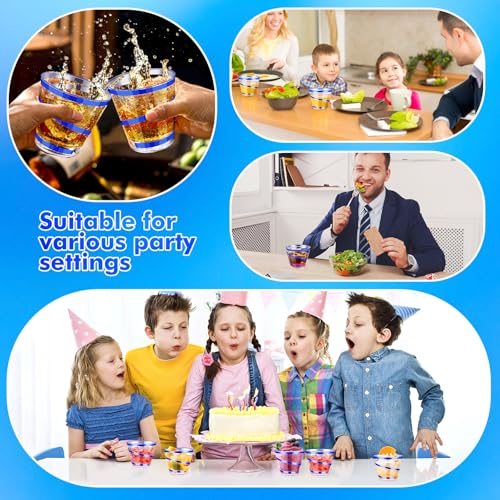 Dualshine 100 PCS Blue Rimmed Swirl Clear Plastic Cups, 9 oz Disposable Plastic Wine Glasses, Heavy Duty Cocktail Glasses ...