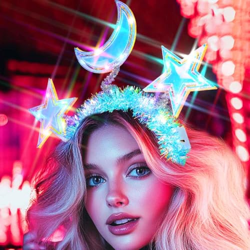 GENBREE Light Up Star Headband LED Moon Headpiece Rave Hair Accessories for Women