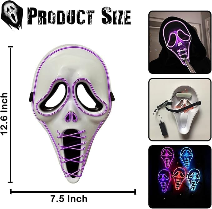 ROMINVIC Ghost Face Mask,Halloween LED Screm Mask Scary Skull Mask Horror Full Head Masque Decorations Costume Creepy Cosplay (Blue)