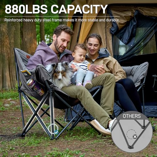 EVER ADVANCED Extra Large Double Camping Chair for Adults, Family Size Padded Folding Camping Love Seat Bench with Side Po...