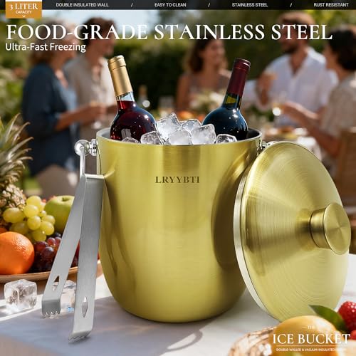 LRYYBTI Ice Buckets for Parties with Lid,Tongs and Strainer (3L/Gold) Double Wall Stainless Steel Ice Bucket Keeps Frozen ...