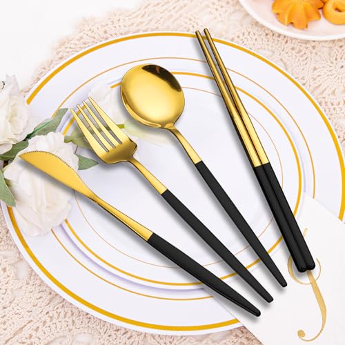 Novasteel Premium Travel Flatware Set,4 Pieces Golden Stainless Steel Flatware with Black Coated Handles and Eco-Friendly ...