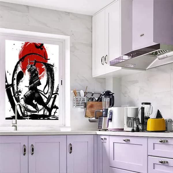 Japanese Samurai Decorative Window Film Watercolor Ink Samurai Sword Red Sun Printdining Room Window Film,Dorm Room Glass Film 23.6Wx35.4L-Inch X1Pcs