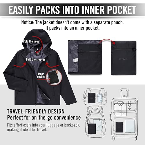 Spyder Packable Rain Jacket Men – Water Resistant Windbreaker with Hood, Lightweight Rain Coat Slicker, Travel, Golf, Fishing