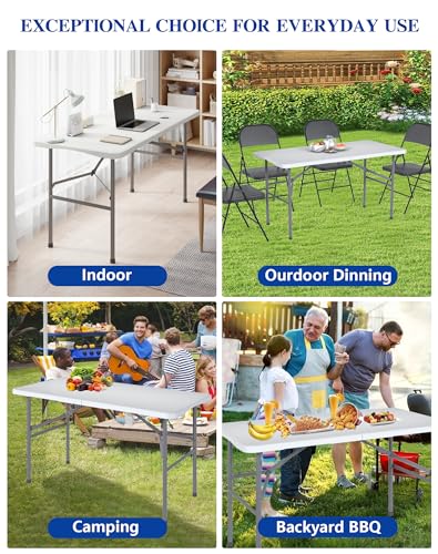 Linkriseed 4FT White Folding Table for Outdoor, 4 Foot Picnic Tables No Assembly Required Portable, White Foldable Table f...