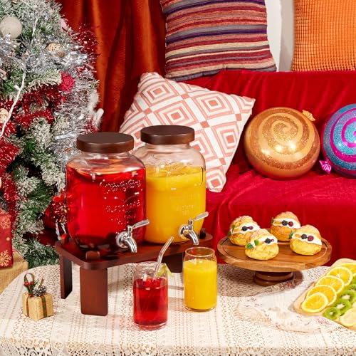 2PCS Large Drink Dispensers for Parties,Glass Beverage Dispenser with Wood Stand,Lemonade Drink Dispenser with Stainless S...