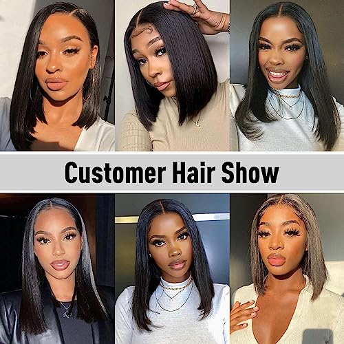 Wear and Go Glueless Bob Wig Human Hair Straight, 6x4 Pre-Cut HD Lace Glueless Wigs Pre-Plucked, Transparent Lace Front Closure Wigs for Women 180% Density 14 inch