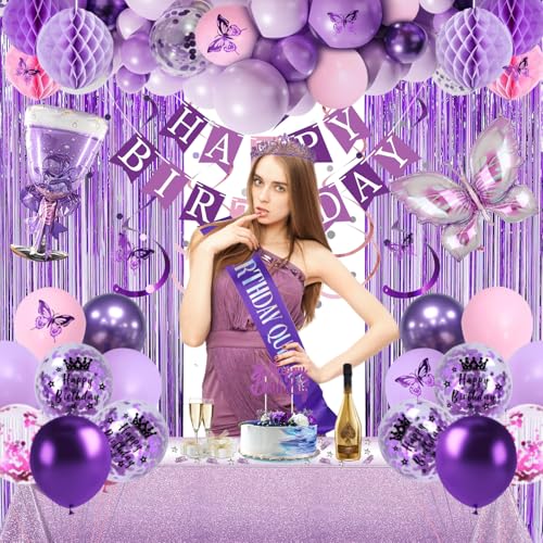 Purple Birthday Decorations, Purple Pink Party Decorations with Happy Birthday Banner, Balloons, Bday Sash, Crown, Butterf...