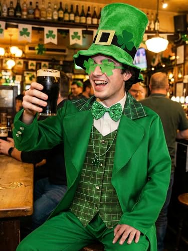 SOMSOC 9 Pieces Men St Patrick's Day Costumes Set Adult Irish Suit Outfit with Clover Hat Glasses for St Patrick's Day Party