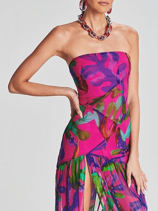 Women Tube Top Dress Tiger Stripe Mesh Patchwork Maxi Dress Strapless Sexy High Slit Long Dresses Party Clubwear