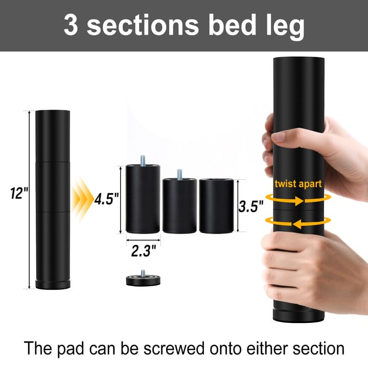Skuehod 12 Inch Adjustable Bed Legs Replacement Screw in Furniture Support, 3 Sections, Felt Bottom for Hard Floors, Set of 6