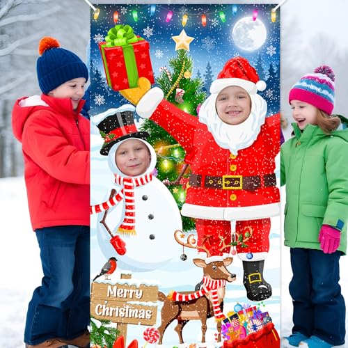 Lecheme Christmas Photo Banner 6x3ft Hole in Face Santa Face Cutout Xmas Backdrop Holiday Photo Booth Props Christmas Part...
