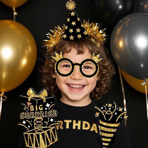 Photo Booth Props for Birthday Party,36 Pieces Black Golden Happy Birthday Selfie Props for Bday Weddings Prom Disco Mardi...