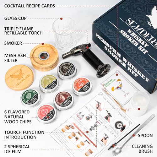Ultimate Whisky Smoker Kit Old Fashioned Smoker Kit with Torch - 6 Flavor Wood Chips, 2 Glasses, 2 Ice Ball Molds - Cockta...