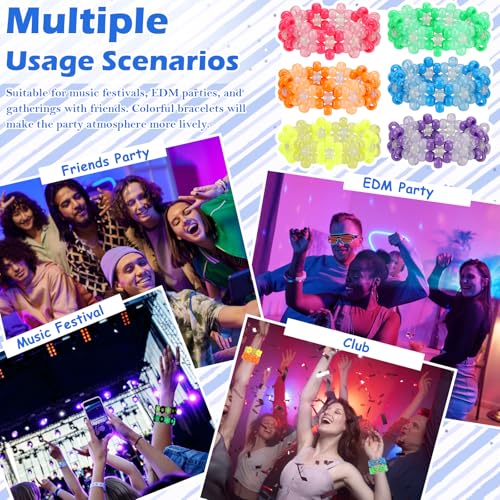 6 Pcs Flower Kandi Bracelets Glow In The Dark Stretch Rave Candy Bracelets Multi Color Beaded Flower Kandi Cuff Rave Acces...
