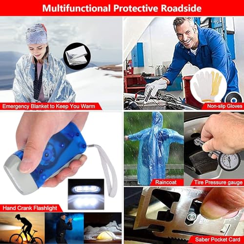 Car Emergency Roadside Tool Kit with Jumper Cable Shovel,Auto Truck Vehicle Assistant Safety Kit Bag for Men Women with Fi...