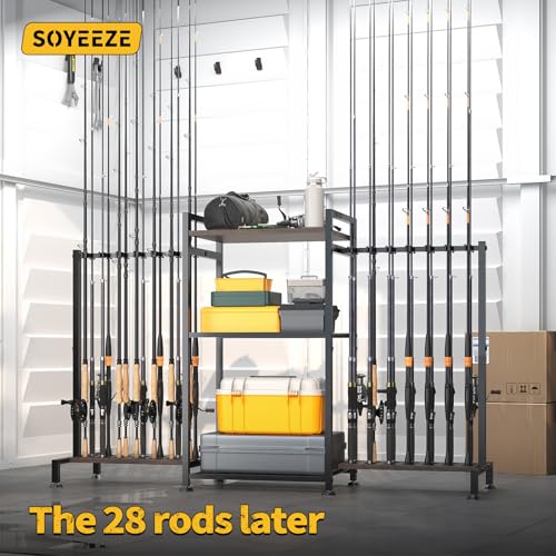 SOYEEZE Fishing Rod Holder for 28 Rods, Ground Stand Fishing Pole Holders for Garage, 3-Sided Vertical Fish Rod Rack for T...