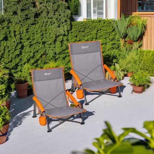 Portal Beach Chairs for Adults 2 Pack High Back Low Folding Camping Chair Portable Lightweight with Cup Holder for Travel, Concert, Lawn, Festival, Support 400lbs