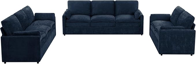 ACMEASE 3 Pieces Chenille Sofa Set w/Arm Pillows, Upholstered Loveseat & 2 Pieces 3 Seater Sofa w/Comfortable Back Cushions, Modern 2-Seat & 3-Seat w/High-Density Foam for Living Room, Blue