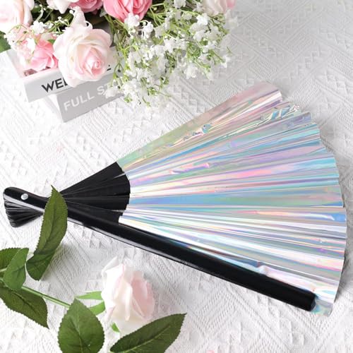 Folding Hand Fan, 13 Inch Glitter White Rave Decorative Hand Fans for Line Dancing Handheld Crafts for Festivals, Rainbow ...
