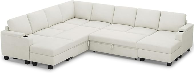 Belffin Oversized Sleeper Sofa U Shaped Modular Sectional Couch with Double Storage Chaise Convertible Sofa Bed. White Couch